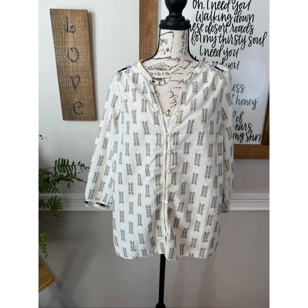 J. Jill Pure Jill Women's Easy Button Front Embroidered Blouse Off-White Medium